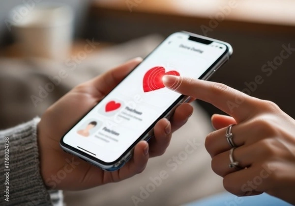 Fototapeta Person holding a smartphone displaying a health app with a heart icon and vital signs data