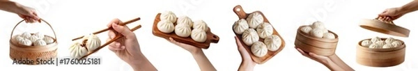 Fototapeta Set of hand holding chinese steamed bun bao baozi Mantou stuffed with filling, chopstick, steamer basket, wooden serve board, pile sliced stack, transparent cutout PNG. Many different style. Mockup