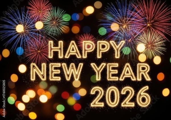 Fototapeta Celebrate happy new year 2026 with a spectacular fireworks display and bokeh lights