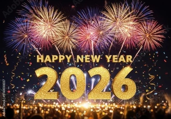Fototapeta Vibrant fireworks celebrate happy new year 2026 in spectacular night sky display