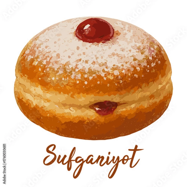 Obraz Sufganiyot in watercolor illustration style, isolated vector on white background