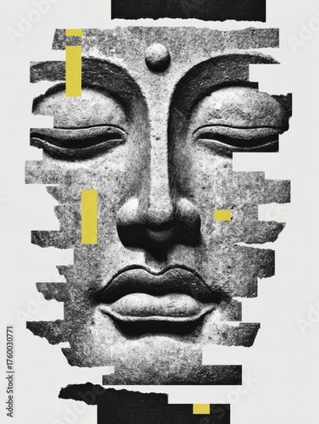 Fototapeta Graphical Buddha Head, Fragmented and isolatable, modern collage antique sculpture, 