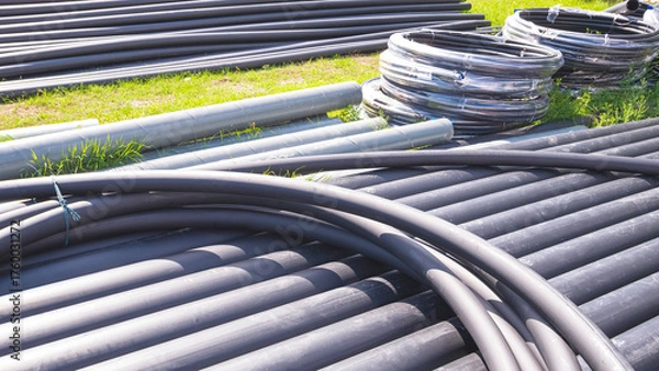 Obraz Group of black HDPE pipes on the ground in construction site for underground water piping installation work.