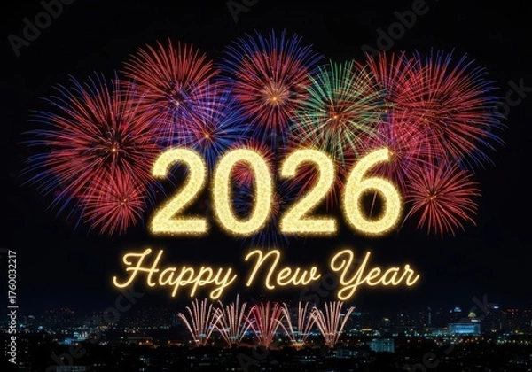 Fototapeta Celebrate 2026 happy new year with vibrant fireworks and city lights a dazzling spectacle