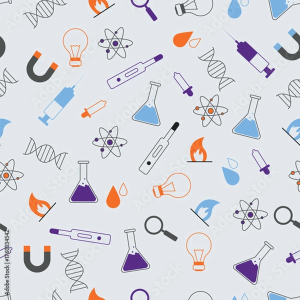 Fototapeta Colorful seamless science pattern featuring lab tools DNA atom magnet syringe and light bulb icons perfect for educational backgrounds school projects and scientific designs