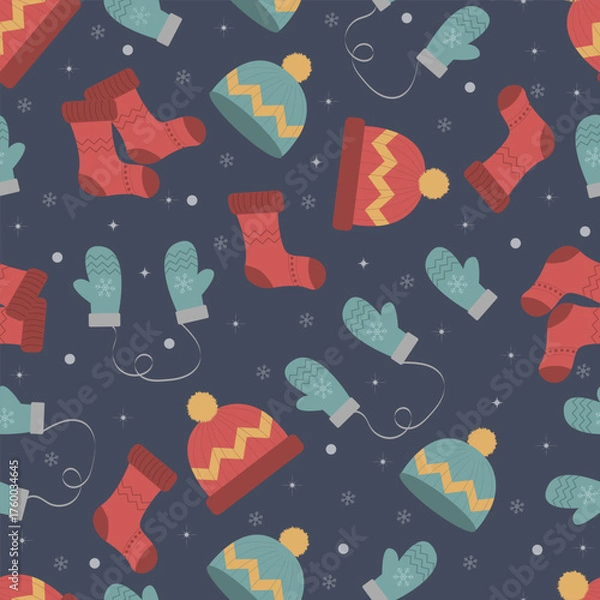Fototapeta Cozy seamless winter pattern featuring hats gloves and socks on dark background perfect for seasonal fabric wrapping paper textile design and warm clothing themed projects