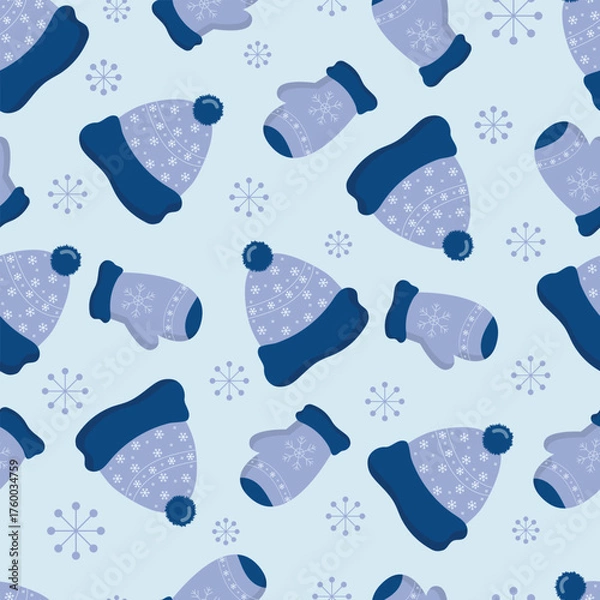 Fototapeta Cozy seamless winter pattern featuring blue hats and gloves decorated with snowflakes on soft light background perfect for fabric print wrapping paper and seasonal design projects