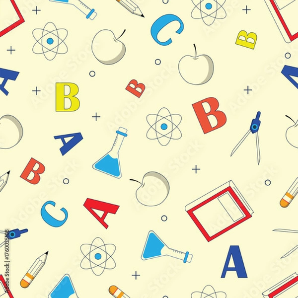 Fototapeta Colorful seamless school pattern featuring letters apples pencils books and lab flasks on light background perfect for educational materials wrapping paper fabric and classroom designs