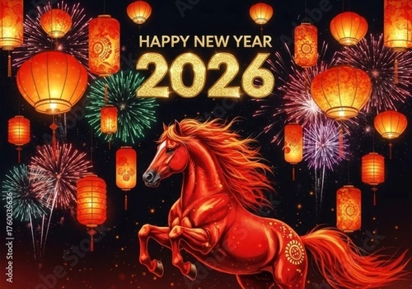 Fototapeta Celebrate 2026 new year with a fiery horse and festive lanterns fireworks display