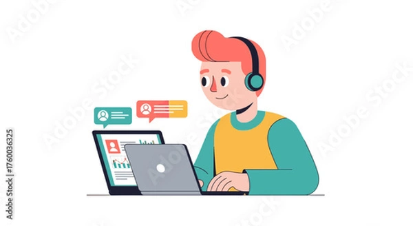 Obraz Online Work And Communication Illustrated with Headphones, Laptop Elements, And Chat Balloons