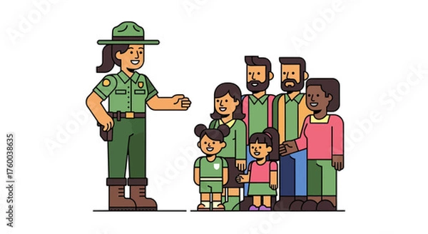 Fototapeta Park Ranger Welcomes Family For Adventure Outdoors Illustrative Cartoon Image Representation