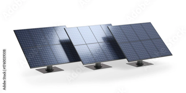 Fototapeta Three modern solar panels on metal stand isolated on a transparent background, 3d illustration