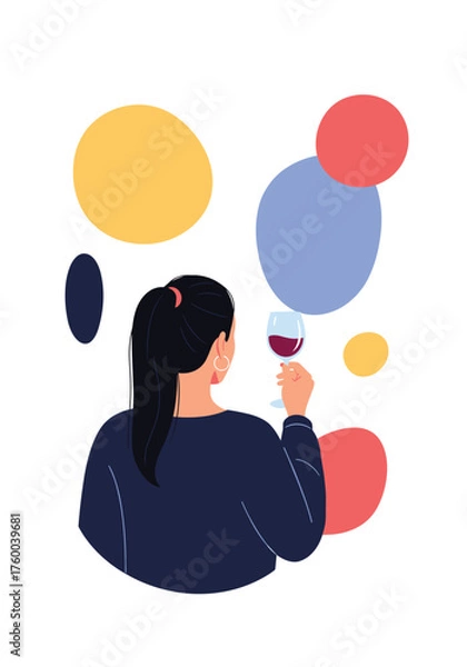 Fototapeta A woman holding a glass of red wine surrounded by colorful abstract shapes.