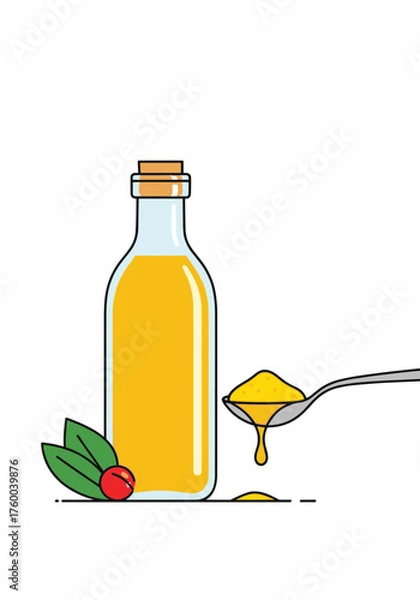 Fototapeta A glass bottle filled with golden oil a spoon of oil dripping from it and some red berries and green leaves beside the bottle.