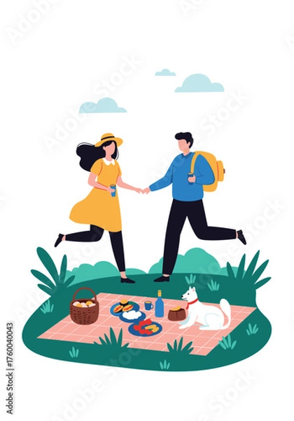 Fototapeta A happy couple enjoys a delightful picnic with their dog in a lush green park.