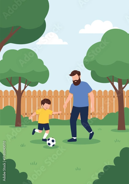 Fototapeta Father and son enjoying a game of soccer in the backyard during a sunny afternoon.