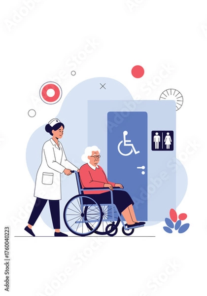 Fototapeta A nurse assists an elderly woman in a wheelchair towards a restroom.