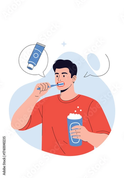 Obraz A young man is brushing his teeth in the morning with toothpaste and mouthwash.