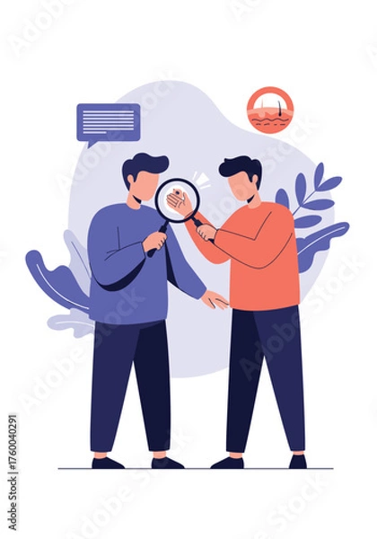 Fototapeta Two people collaborating on a project using a magnifying glass for detailed examination.