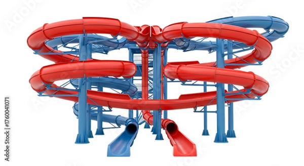Fototapeta Colorful water park slide with red and blue tubes isolated on transparent background