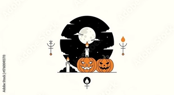 Obraz A halloween illustration featuring pumpkins, candles, and a full moon isolated on white background, perfect for adding a spooky touch to your designs