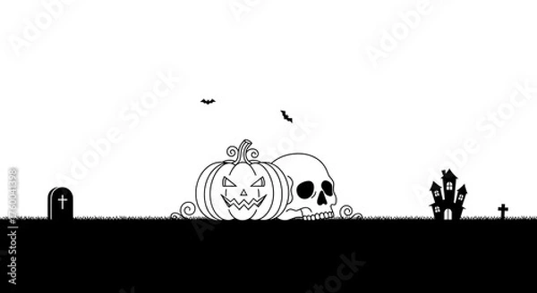 Obraz A spooky halloween landscape featuring a pumpkin, skull, tombstone, and haunted house isolated on white background, perfect for cards and decorations