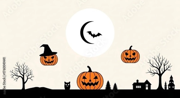 Obraz Halloween landscape with pumpkins, bat, moon, and trees perfect for halloweenthemed designs and decorations isolated on white background