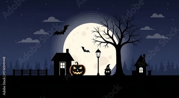 Obraz A spooky halloween night scene featuring a full moon, bats, bare tree, houses, a fence, a pumpkin, and a ghost in a dark, shadowy silhouette style