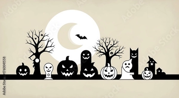 Obraz Halloween silhouette scene with pumpkins, ghosts, and trees perfect for spooky season designs and festive decorations with a vintage feel