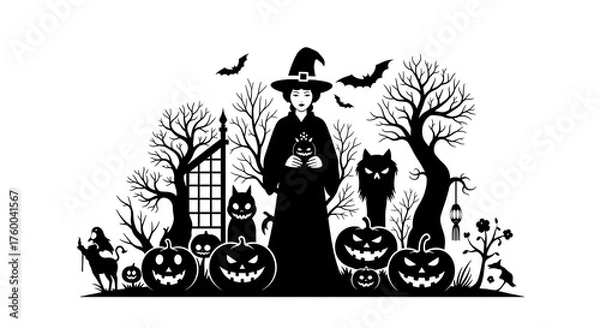 Obraz A spooky halloween scene isolated on white background features a witch surrounded by pumpkins, black cats, bats, and bare trees, creating a festive and eerie atmosphere