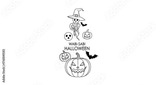 Obraz Halloween themed illustration isolated on white background featuring a skeleton, pumpkins, bats, and the words warsam halloween, perfect for seasonal designs