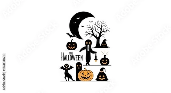 Obraz A halloween pixel art scene featuring ghosts, pumpkins, and other halloween themed elements isolated on white background for a spooky and festive design