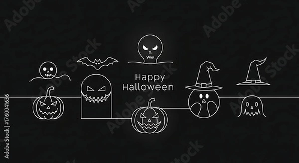 Obraz Happy halloween greeting card with cute ghost, pumpkin, bat and skull icons on black background halloween banner, poster, flyer, invitation template vector illustration