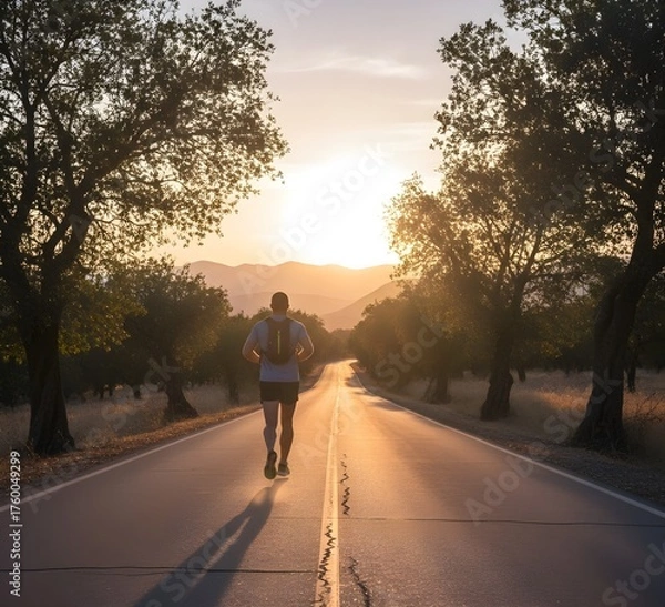 Obraz closeup of backview of a jogger on an empty road , focus on the shoes, outdoorsports  fitness exercise healthy wellness concept
