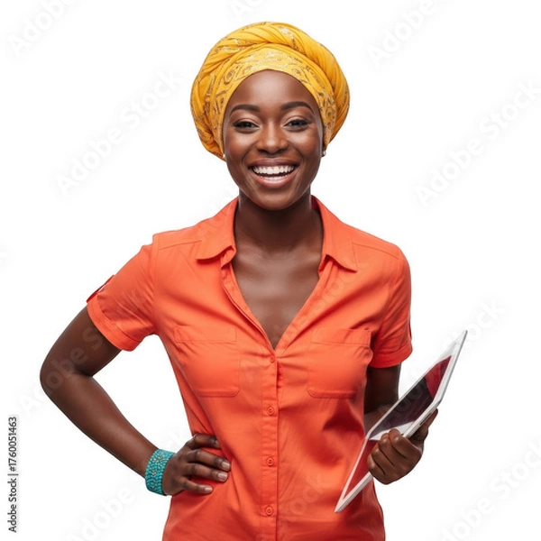 Obraz Smiling woman in orange shirt and yellow headwrap holding a tablet isolated on transparent background