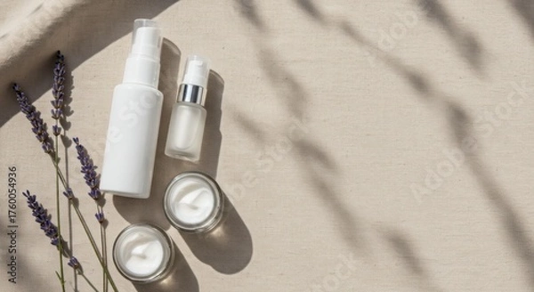 Obraz Natural skincare presentation with lavender flowers and soft sunlight