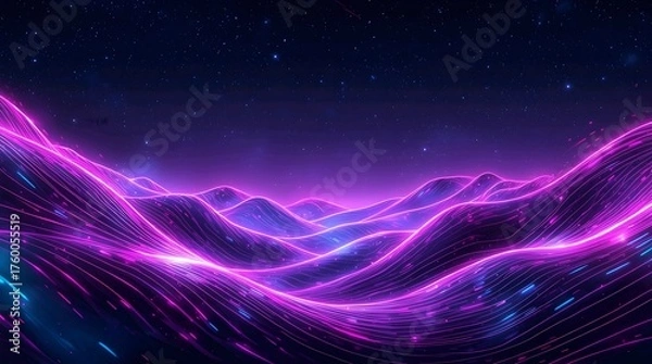 Fototapeta The vibrant abstract purple space background features a bright, glowing wave of fractal lines and stars, creating a dark fantasy texture