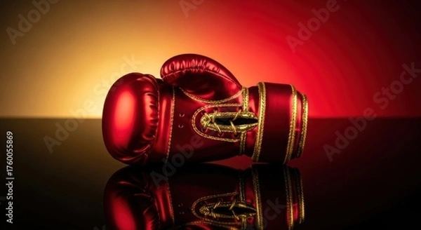 Obraz Reflective boxing glove with golden accents against a colorful background