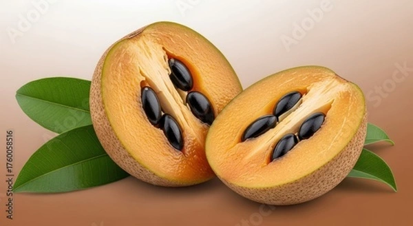 Fototapeta A fresh sapodilla fruit cut in half, revealing its brown-orange flesh and glossy black seeds. The fruit rests on green leaves with a warm background, showcasing its natural texture and tropical appeal