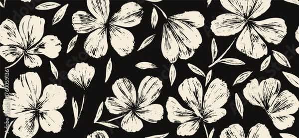 Fototapeta Leaves branch and Hand Drawn doodle Scribble floral plants banner, seamless pattern. Creative minimalist Abstract art background. Design wall decoration, postcard, poster and brochure