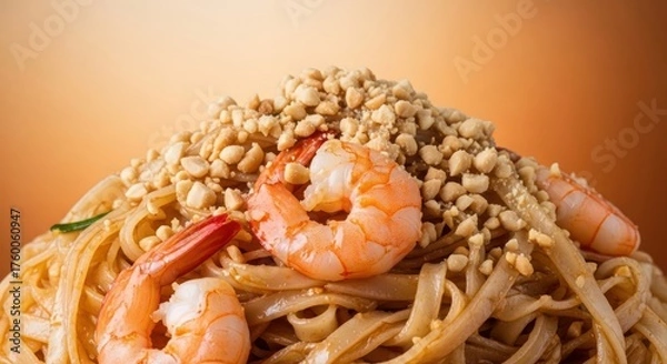 Obraz Close-up of a delicious noodle dish topped with shrimp and crushed peanuts, showcasing vibrant colors and appetizing texture, perfect for illustrating Asian cuisine, restaurant menus, or food advertis