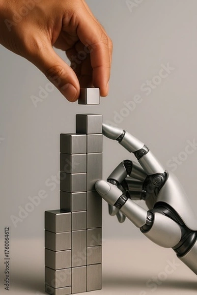Fototapeta Human and robot hands stacking metal cubes symbolizing collaboration