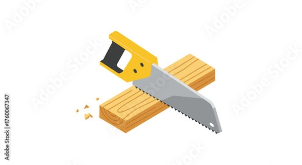 Fototapeta Isometric saw on wooden planks: construction and carpentry tool design