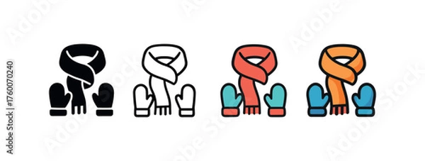 Fototapeta Vector icon scarf and mittens set winter same pose same proportions four styles black solid glyph outline minimal flat multicolor filled cartoon flat shaded.