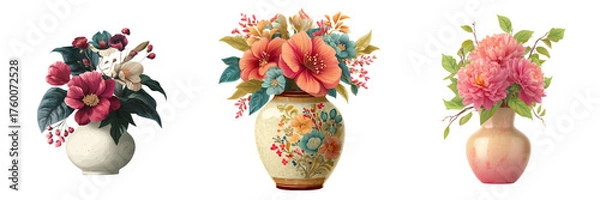 Obraz Set of Elegant ceramic vase with a bouquet of pastel roses on transparent png background. Ai generated