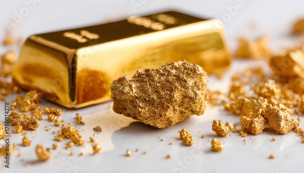 Fototapeta Gold nuggets and bar on shiny background, closeup