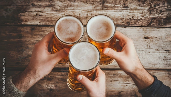 Fototapeta Top-down overhead view of three hands holding beer glasses in a toast over rustic wooden table, golden lager beer with white foam