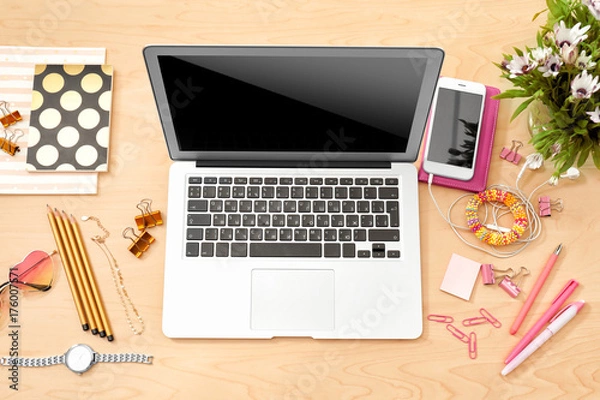 Fototapeta Comfortable blogger's workplace with modern laptop on table