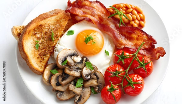Fototapeta English breakfast fried egg, beans, tomatoes, mushrooms, bacon and toast. Top view