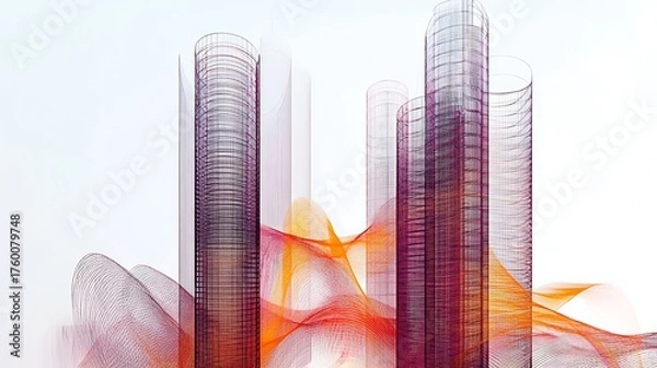 Fototapeta  Golden sunrise and fiery sunset paint the city skyline with orange and red light, casting building silhouettes against the vibrant sky over the river water